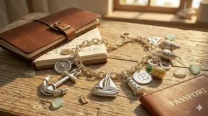 Stylized illustration of ocean-inspired charms including an anchor, a sailboat, and a lighthouse on a link bracelet.