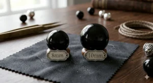 A comparison chart showing 8mm versus 10mm black onyx beads for men's bracelets.