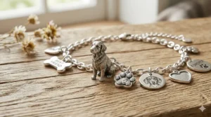 Close-up view of a delicate paw print charm on a gold bracelet for dog lovers.