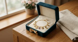 A gold personalized charm bracelet for women presented in a luxury velvet gift box.