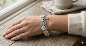 A mother's personalized charm bracelet with small charms engraved with children's names.