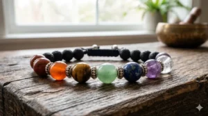 A high-resolution, photorealistic macro photograph of the specific red jasper stone within a 7 chakra healing bracelet.