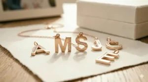 Close-up graphic showing various rose gold letter charms (A, M, S, J) used for customizing mom bracelets.