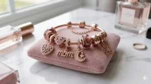 Elegant rose gold Pandora style charm bracelet with pink crystals and heart-shaped dangles.