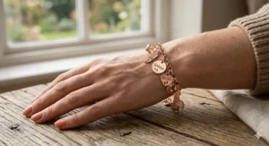 Elegant rose gold personalized charm bracelet for women with circular dangling pendants.