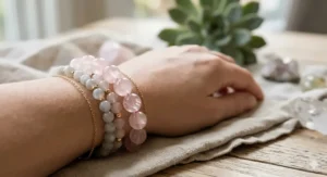Close-up of a pink rose quartz crystal healing bracelet for women to promote self-love and compassion.