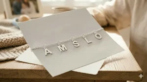 A minimalist silver charm bracelet layout with multiple alphabet pendants for moms.