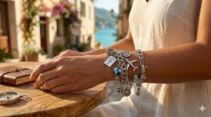 Detailed illustration of silver charms representing the Eiffel Tower, Colosseum, and Statue of Liberty for a travel bracelet.