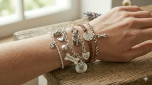 Several dog-themed bracelets stacked on a wrist, showing different charm styles for dog lovers.