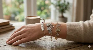 Multiple personalized charm bracelets for women stacked on a wrist for a trendy layered look.
