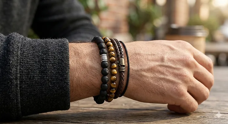 Close-up of a man's wrist featuring stacked black onyx and tiger eye beaded bracelets. black onyx bracelets for men