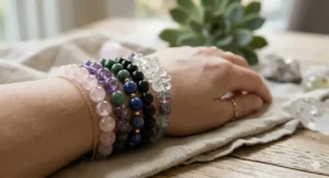 A woman’s wrist styled with a stack of multiple crystal healing bracelets for a bohemian fashion look.