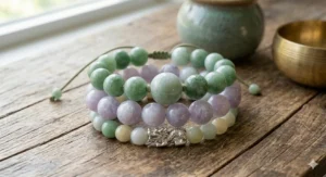 Multiple jade bead bracelets for good luck stacked on a wrist for a modern, stylish look.