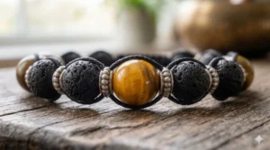 A photorealistic 4K macro close-up of a tiger's eye stone bead in a 7 chakra healing bracelet, showing natural light and chatoyancy.
