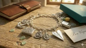Illustration of vintage-style charms shaped like a retro suitcase, a bicycle, and a paper plane.