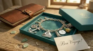 A gift-ready travel charm bracelet inside a teal jewelry box with a "Bon Voyage" card.
