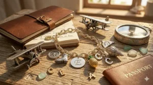 A flatlay illustration of a travel journal, a passport, and a charm bracelet spread out on a wooden table.