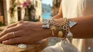 Colorful illustration of a gold charm bracelet featuring a palm tree, pineapple, and seashell charms.