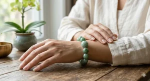 A woman wearing a jade bead bracelet for good luck paired with casual attire.
