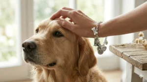 A woman wearing a stylish multi-charm dog bracelet while petting her golden retriever.