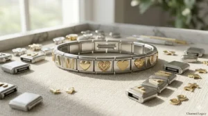 Stainless steel Italian charms featuring alphabet letters and heart symbols for personalization.