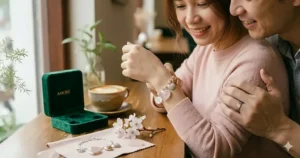 A boyfriend giving a heart charm bracelet to his girlfriend for their one-year anniversary.