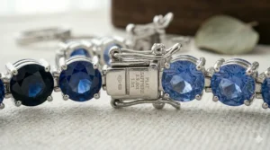 A blue sapphire tennis bracelet presented inside a premium velvet jewelry gift box.