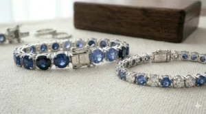 Illustration showing the difference between 3-carat and 10-carat total weight blue sapphire tennis bracelets.