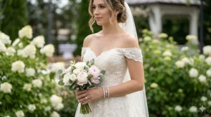 A bride wearing a sparkling cubic zirconia tennis bracelet as a sophisticated wedding day accessory.