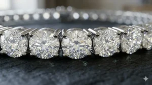 Macro view of high-clarity round-cut stones in a classic diamond tennis bracelet for women.