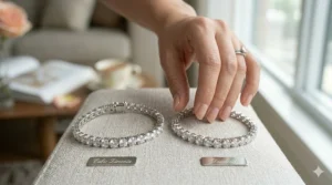 A side-by-side visual comparison of a cubic zirconia tennis bracelet and a genuine diamond bracelet.