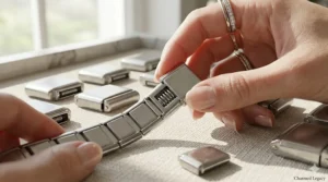 A hand adding a new personalized link to a stainless steel Italian charm bracelet.