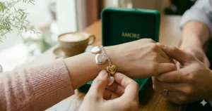 Close-up detail of a delicate link chain and heart-shaped charm for a girlfriend's jewelry collection.