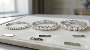 Comparison of different carat weights for diamond tennis bracelets for women, ranging from 3 to 10 carats.