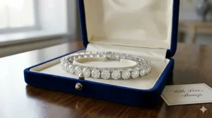 An elegant velvet jewelry box containing a shimmering diamond tennis bracelet for women, perfect for anniversary gifting.