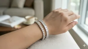 A modern emerald-cut cubic zirconia tennis bracelet showing unique rectangular stone shapes.