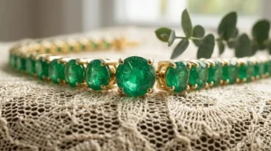 Close-up view of high-quality emerald gemstones in a tennis bracelet showing natural inclusions and deep green color.
