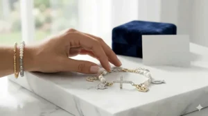 A religious faith-inspired charm bracelet featuring multiple small cross pendants and pearls.