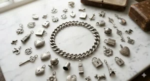 Artistic flat lay of loose vintage sterling silver charms and a link bracelet on a marble surface.