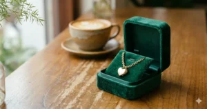 Elegant 14k gold heart charm bracelet for girlfriend displayed on a velvet cushion.