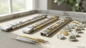 A collection of silver and gold-toned stainless steel charms for Italian-style bracelets.