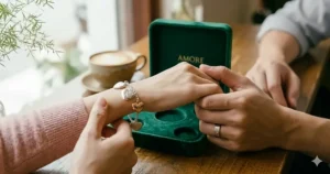 A heart charm bracelet inside a luxury gift box with a romantic "To My Girlfriend" card.