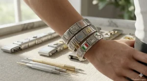 A woman wearing a stack of modular stainless steel Italian charm bracelets for a modern look.