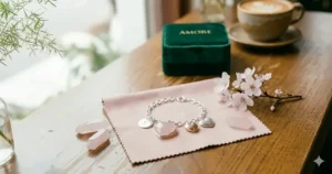 Rose quartz and silver heart charm bracelet symbolizing love, perfect for a girlfriend's birthday.