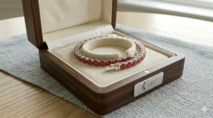 A ruby tennis bracelet in sterling silver presented inside a luxury wooden gift box with a cream interior.