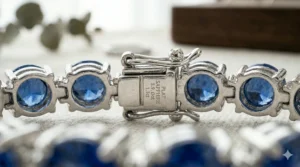 Detail shot of the hidden box clasp and safety wing on a high-end sapphire bracelet.