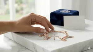 Macro view of a shimmering cross charm bracelet encrusted with cubic zirconia stones.