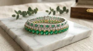 A stack of emerald and diamond tennis bracelets for women showcasing a trendy layered jewelry look.