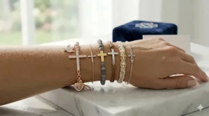 How to style cross charm bracelets for women by layering different textures and metal colors.
