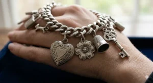 Close-up view of a heavy-link sterling silver vintage charm bracelet featuring intricate floral and heart-shaped charms.